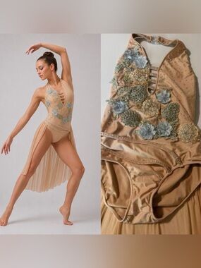 Glamour solo dance costume tan nude illusion rhinestone lyrical dress Leotard LA